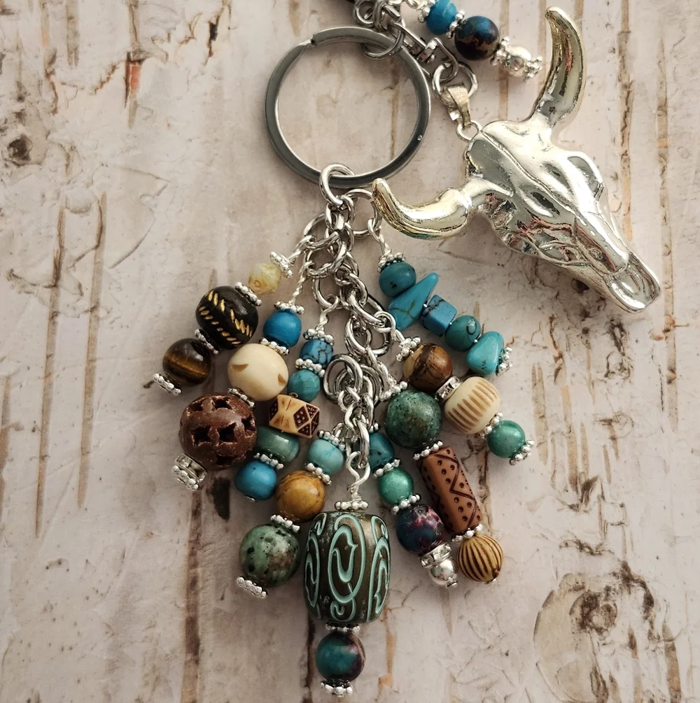 Southwest Cowgirl Purse Charm or Keychain Steer Skull Jasper Handcrafted